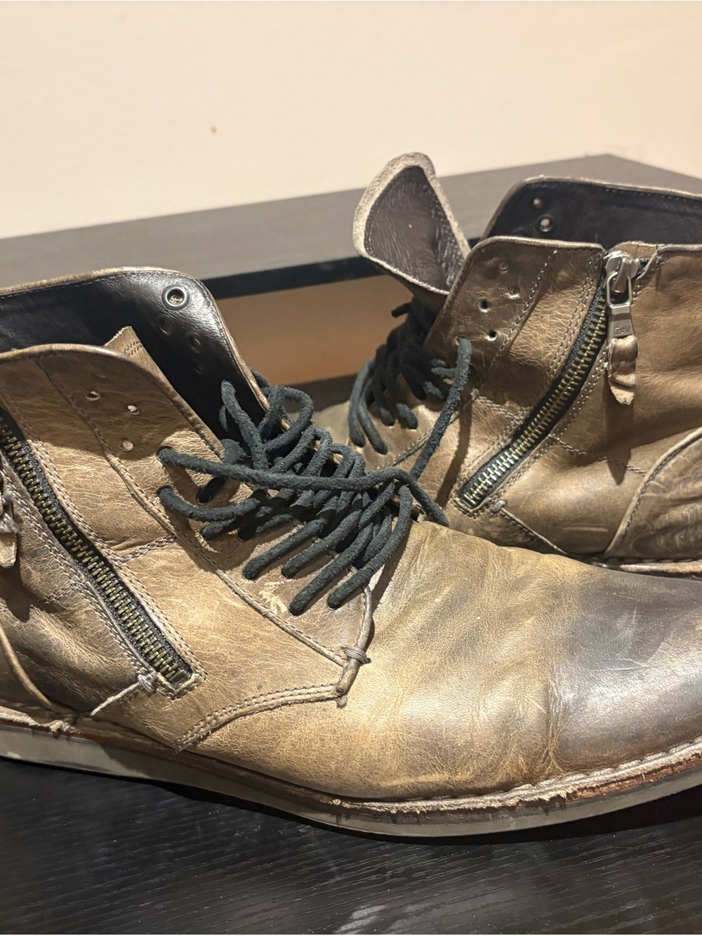 John Varvatos Distressed Brown Leather Lace-Up Zip Boots